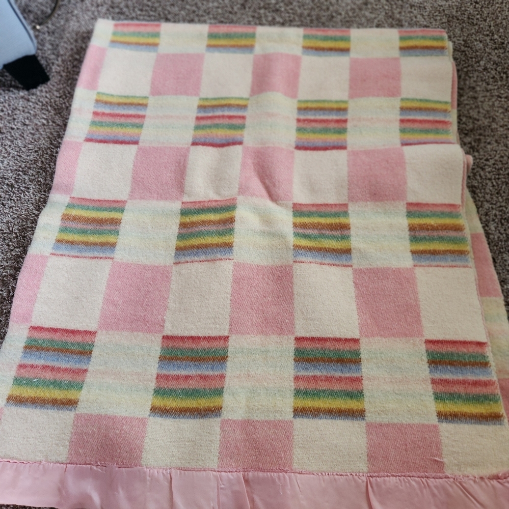 Vintage Pink Plaid Wool Blanket